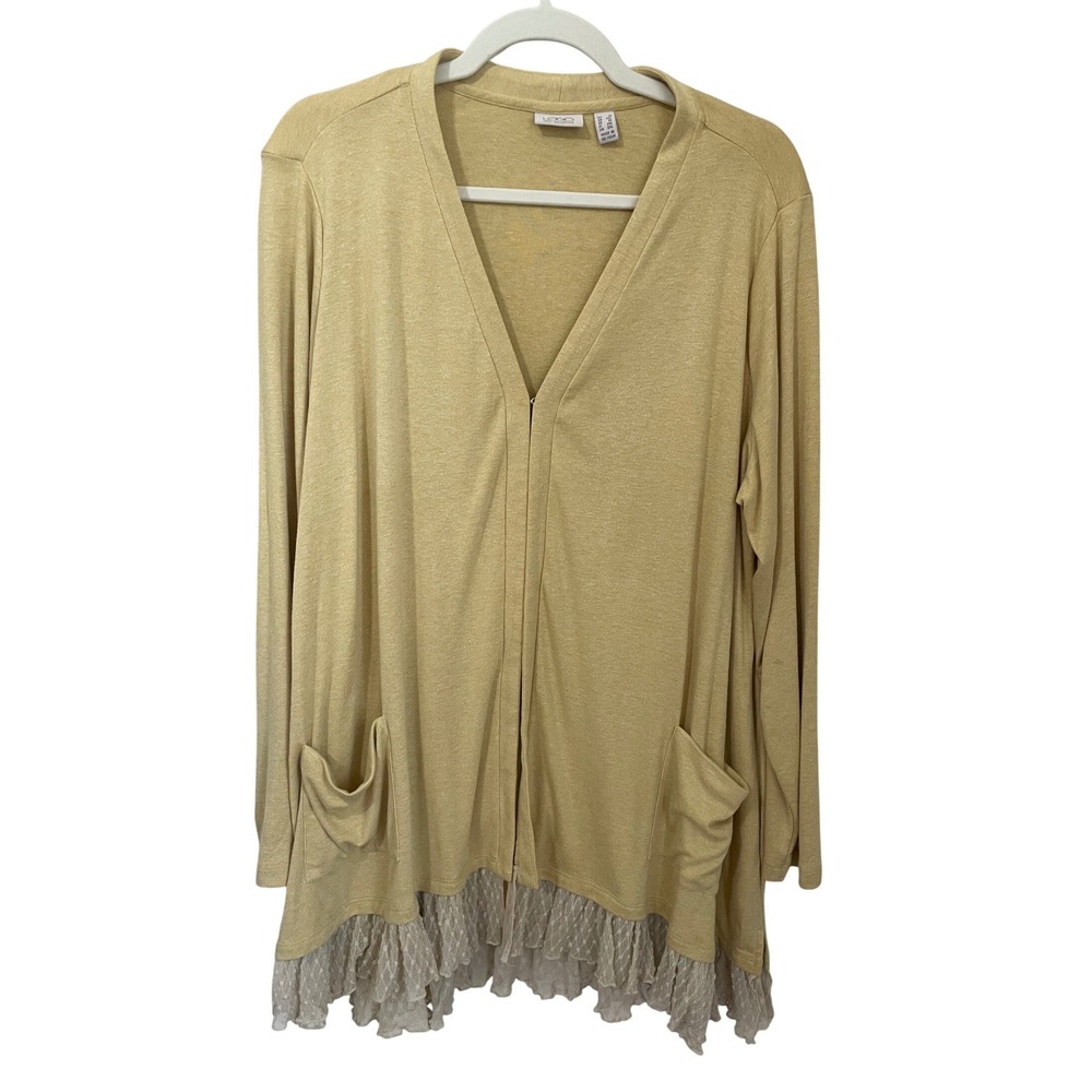 LOGO Lori Goldstein Mustard Yellow Lace Trim Cardigan Size 1X Boho Country Fall